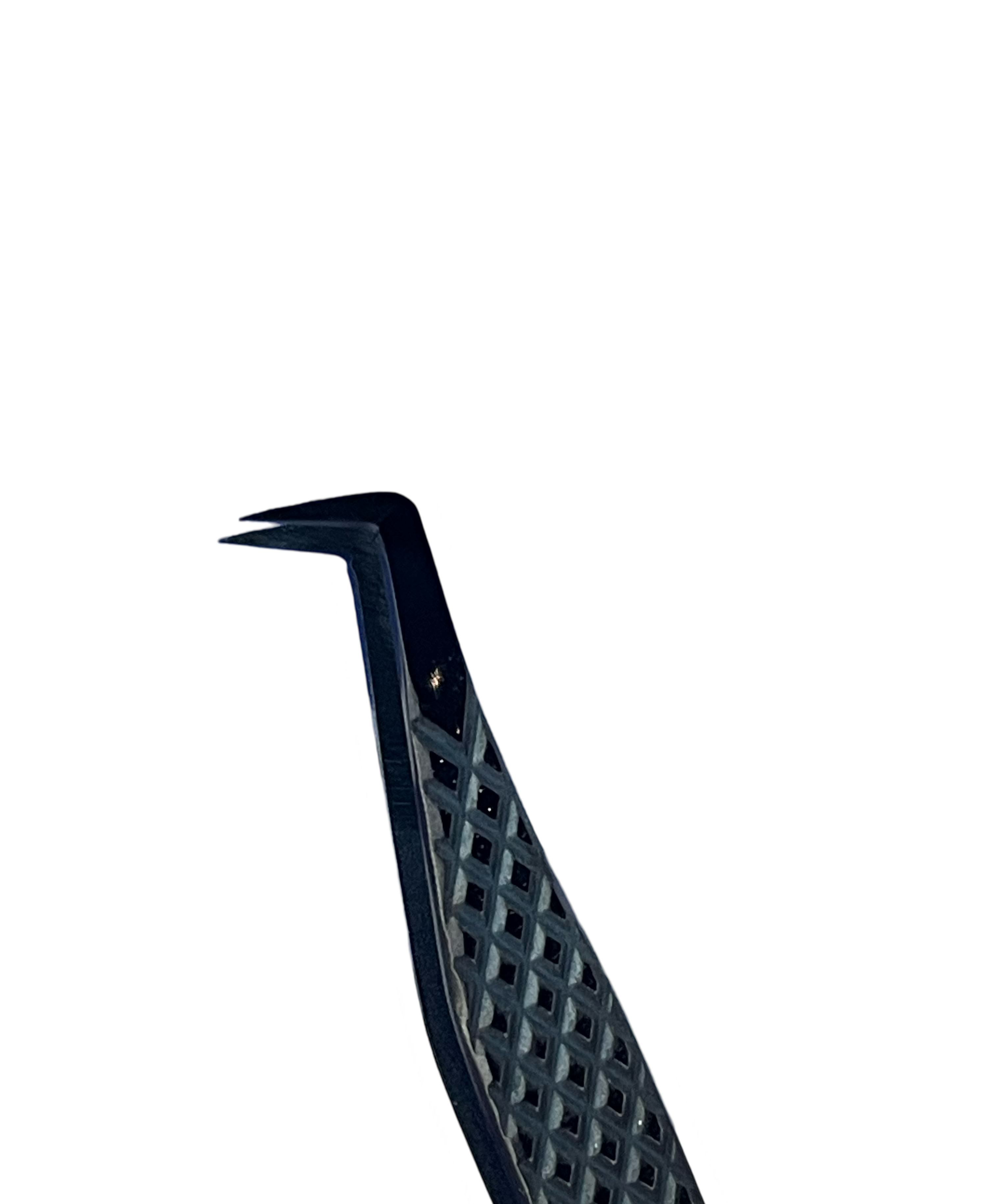 Black metal tool with a textured handle on a white background